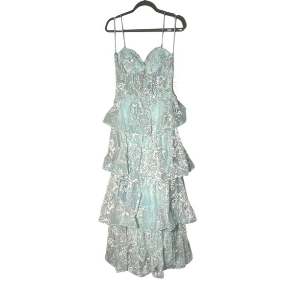 Mac Duggal Spaghetti Strap Applique Tiered Ruffle Gown in Mint - Picture 4 of 10